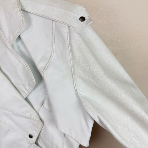 Vintage 80s White Leather Moto Jacket Coat Cropped Size Medium - Picture 9 of 12
